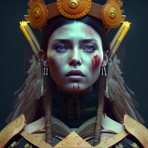 Spanish woman, rounded face, blood, black, flower, leaves, samurai helmet, decorative color feathers, retro, bamboo, leather, soft color, highly detailed, art stations, concept art, smooth, unreal engine 5, god rays, ray tracing, RTX, lumen lighting, ultra detail, volumetric lighting, 3d, finely drawn, high definition, high resolution.