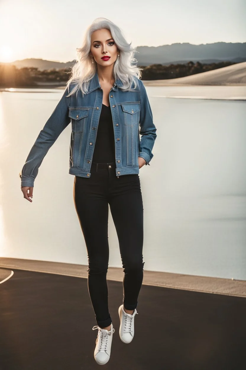 full body of very beautiful girl wearing pants and bluse and jean jacket ,white gray hair ,standing idle happy pose in studio pretty makeup