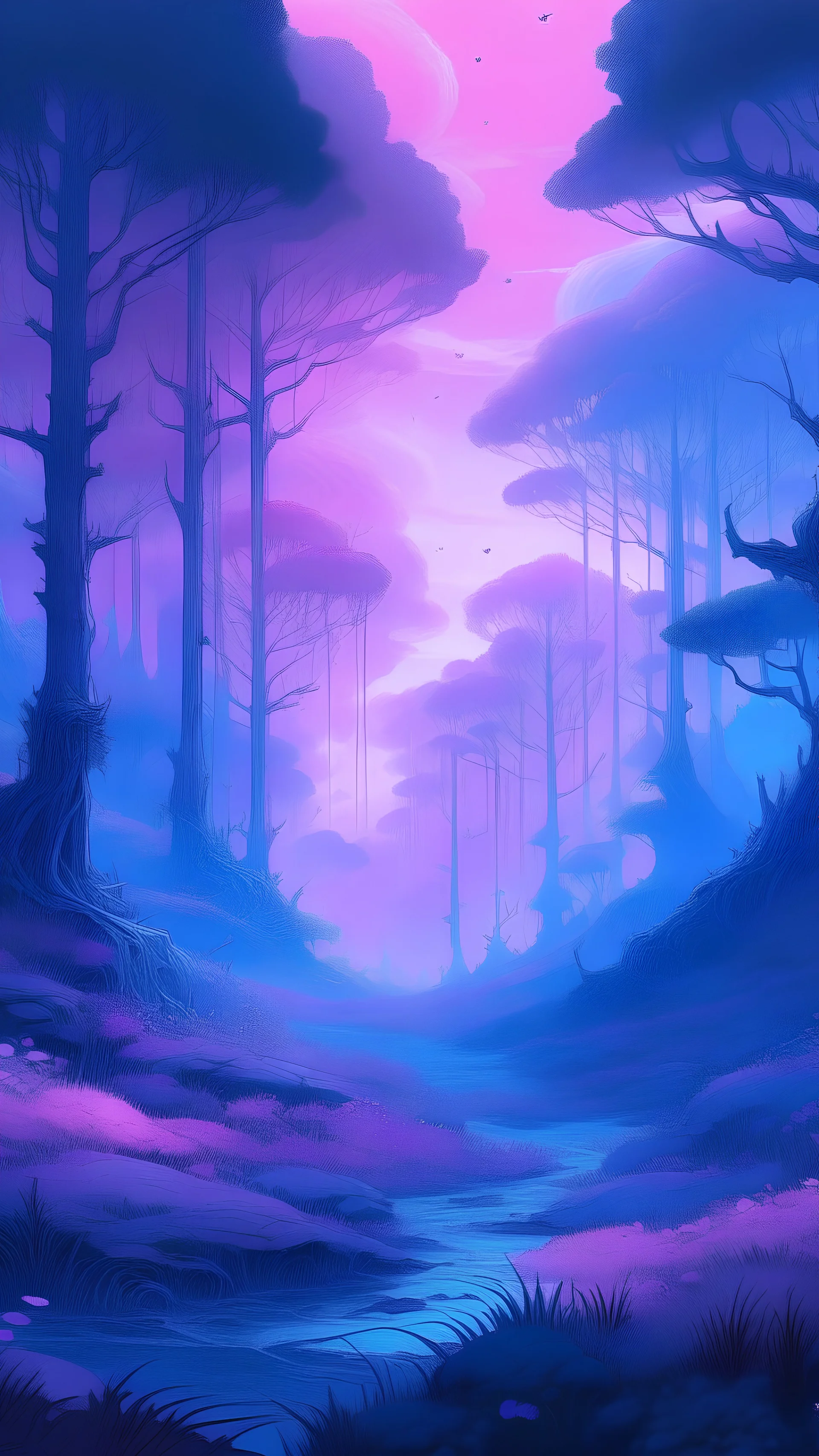 high fantasy forest a high fantasy vibe pinkish purple with blue highlight