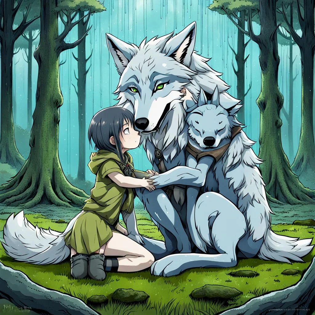 fantasy anime art from an gray bodyhair wolf female anthropomorphic wolf female hibrid kneeling hugs her two anthropomorphic wolf-kid hibrid child on field, in background tall trees wirh big trunks, rain, down on blue-green moss, hug each other , rainy day, high contrast, high detalied, atmospheric, fantasy, sci-fi mood