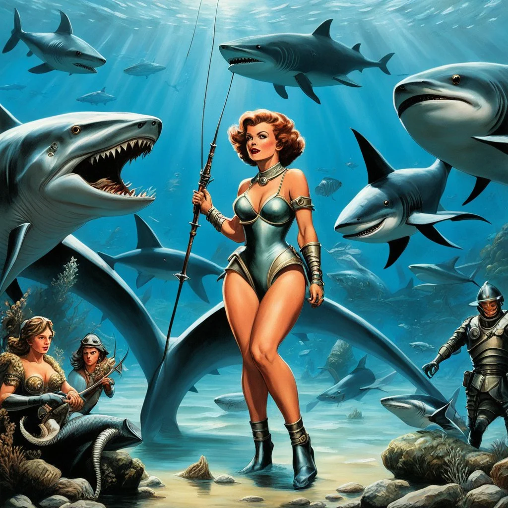 fishing like savages [art by Ray Harryhausen] Ah, the pressure is on! An extraordinary woman in a revealing outfit, flanked by two armored characters, under the water, surrounded by sharks in a futuristic or fantasy environment? My mind races for the picture... I can do it, boy! This calls for a blend of fantasy and danger, a visual feast for the eyes. The woman, a vision of strength and beauty, exudes confidence as the armored characters stand guard beside her. The sharks circle ominously, addi