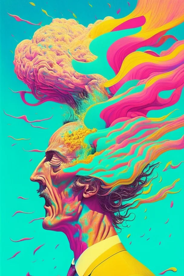 Man whose head is evaporating into the wind; Pop Art; Surrealism; Salvador Dali, Alex Pardee, Insanely Detailed; Intricate; Award-Winning; Bright Pastels