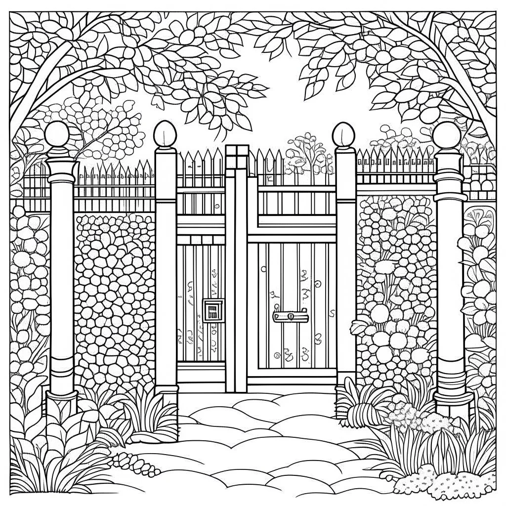 GARDEN HOUSE, ""Garden Gateways: Journey through ornate gates, full view, realistic, coloring page, only draw lines, coloring book, clean line art, wildlife-inspired, kid style, –no sketch, color, –ar 3:4, white background, minimalistic black lines, 8k, minimal black color, low level black colors, coloring page, use pure black and white colors, avoid thick black colors, thin black line art, avoid colors, perfect shape, perfect clear lines, clear edges,