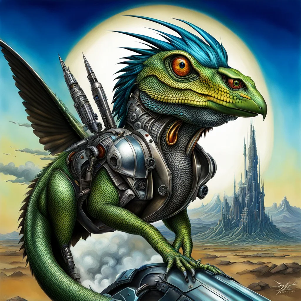 Lucky Stryker, Jet eagle lizard hybrid, biomechanical surrealism,