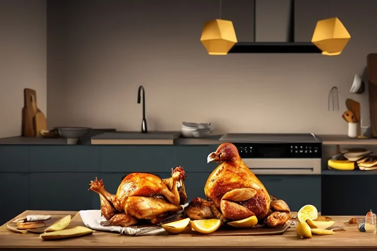 Great Danes stealing food off of a work surface in a kitchen, roast chicken, potatoes, 8k resolution concept art hyperdetailed dynamic lighting DSLR maximalist matte background