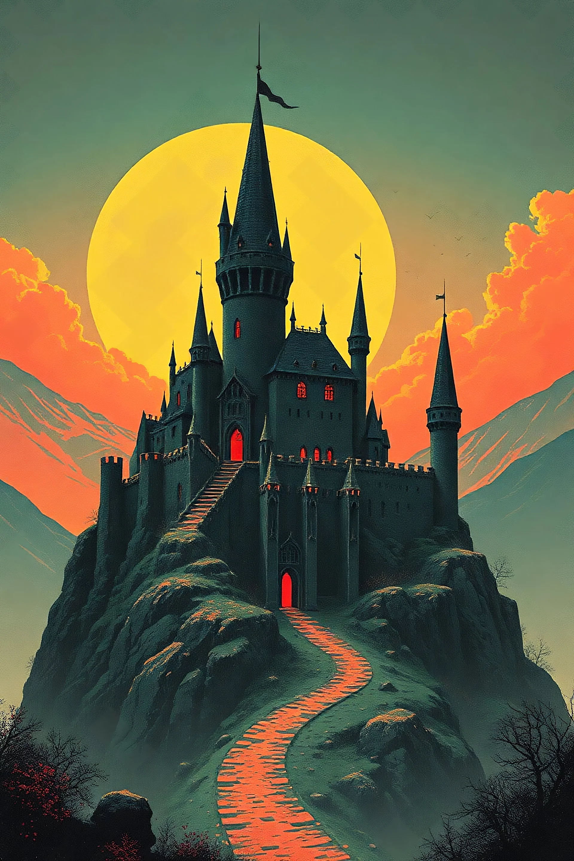 70s dark fantasy art of a medieval castle, in 70's darkwave style with background