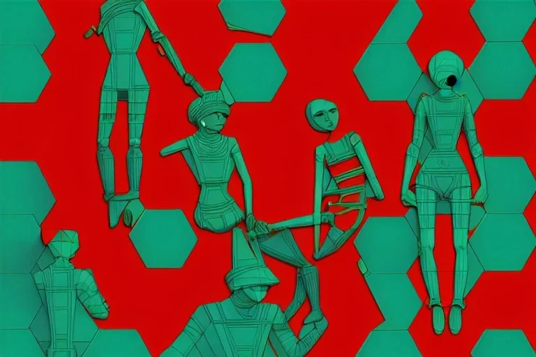 Dark green to cyan body color. Girls with slim body. Using old-fashioned camera. Cyber-punk. Surrealistic, no eyes. Red and blue mathematical 3D-tiling. Escher tiling background. Oppressive atmosphere. Soviet propaganda. Partly symmetrical in relation man. Perfect golden ratio in vertical and horizontal directions. Deep blue geometrical hexagon in 11th dimension. Tessellation in 6-dimensional space.