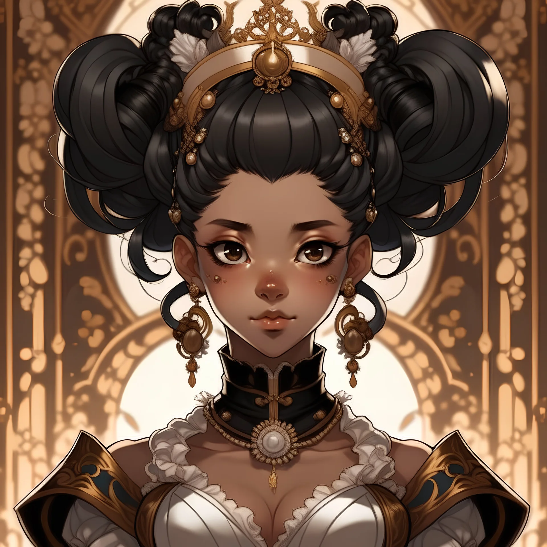 Queen, brown eyes, black woman, black hair in a fancy bun, anime style, rococo outfit, front facing,