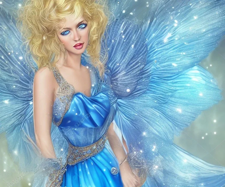 portrait of a beautiful blond woman fairy with long hair blue eyes and sparkling dress with diamonds