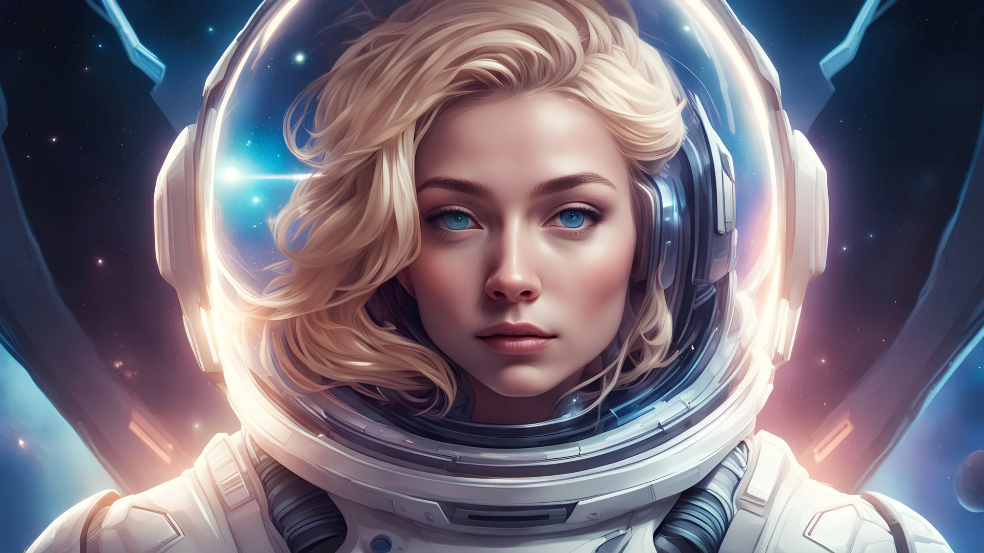 a woman in a space suit with a helmet on, portrait armored astronaut girl, portrait anime space cadet girl, beautiful woman in spacesuit, girl in space, blonde girl in a cosmic dress, in spacesuit, futuristic astronaut, portrait beautiful sci - fi girl, glowwave girl portrait, scifi woman, wearing futuristic space gear, jen bartel, glowing spacesuit