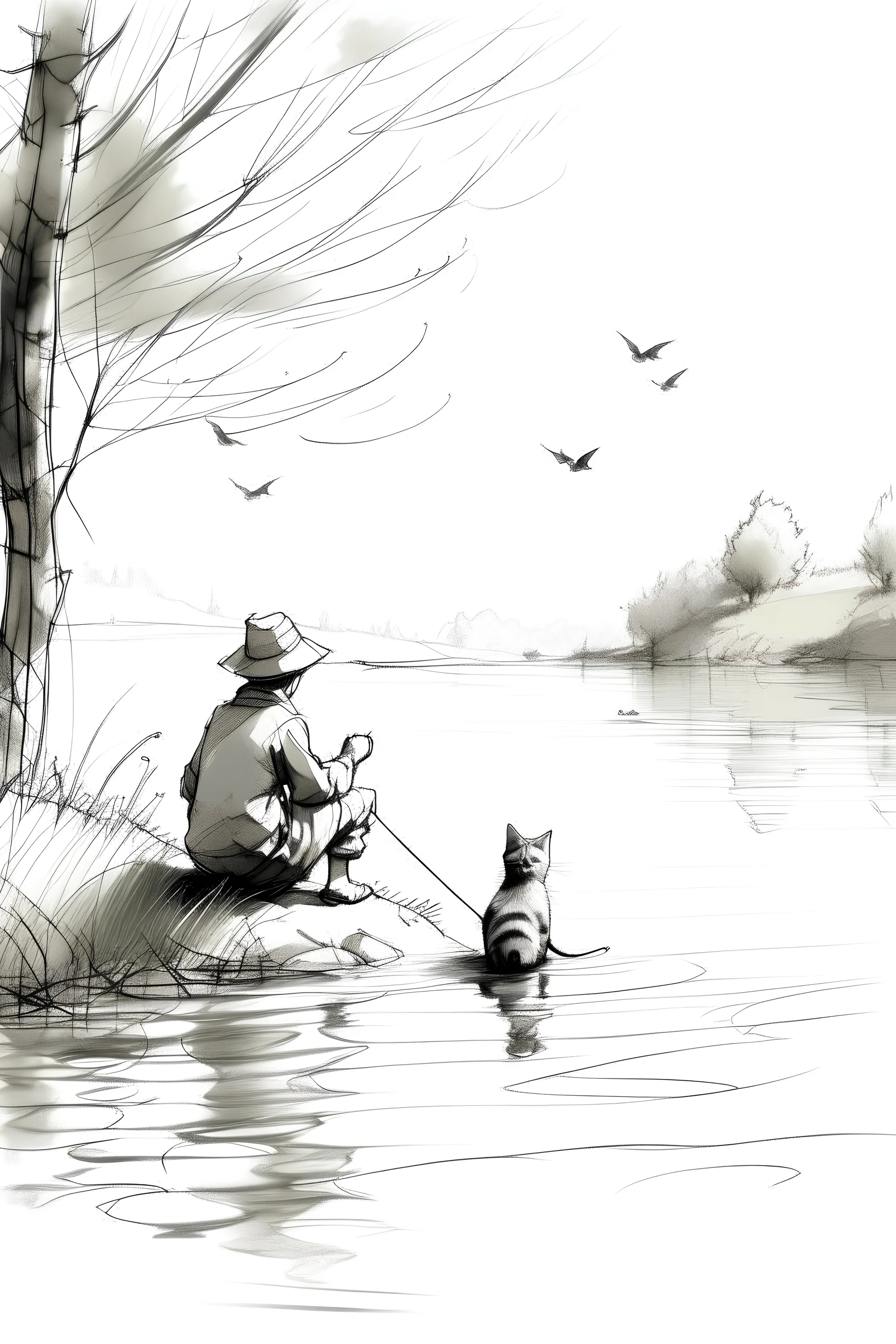 Drawing sketches A person fishing with his kitten on the banks of a quiet lake