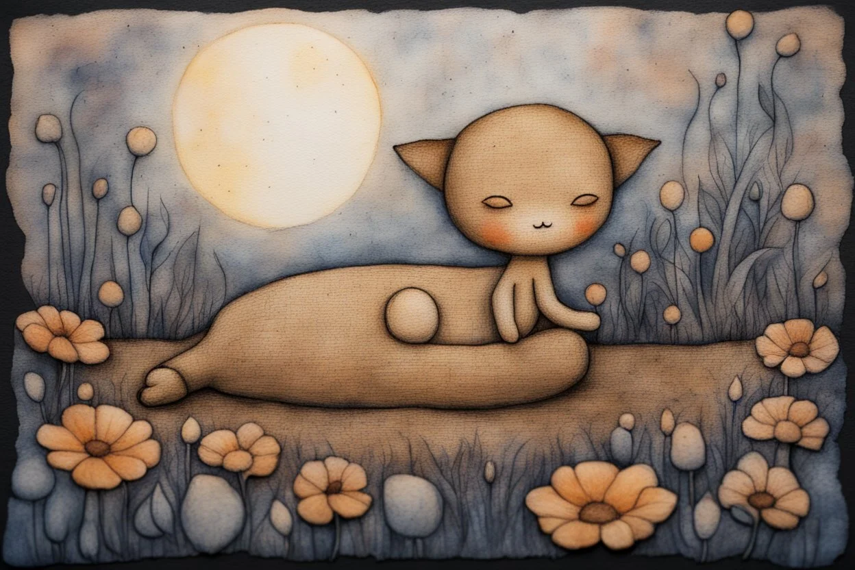 painted and burned burlap, moonlight, cute chibi sleeping animal on a flower bed, styles of Paul Klee Dee Nickerson and Tim Burton, melting watercolor and black ink outlines on wet paper, soft, shading strokes, in candlelight, ethereal, otherwordly, cinematic postprocessing, bokeh, dof