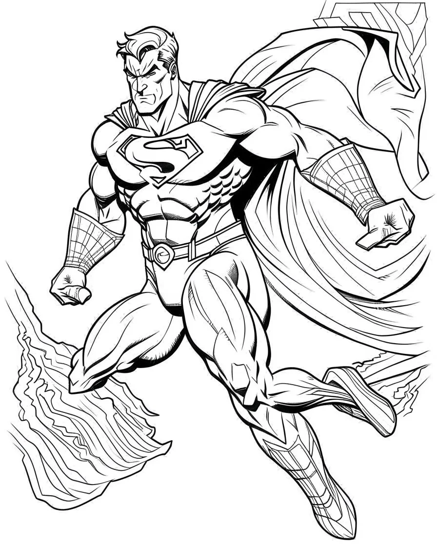 real massive Superman run, coloring page, no leaves, full body (((((white background))))), only use an outline., real style, line art, white color, clean line art, white background, Sketch style