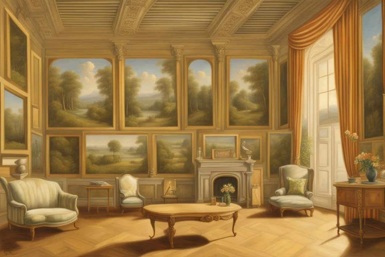 a palatial room with illusions, sceneries, perspectives by artist "Trompe L'Oeil"