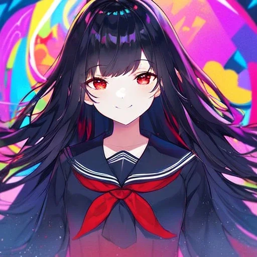 Clear focus, high resolution, black long fluffy hair, red eyes, wearing a sailor uniform, doing a evil smile, Style Vtuber, Colorful