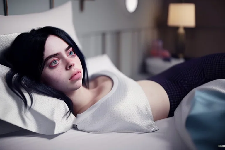 Billie Eilish, on the bed, in my underwear, full body, pale skin, high detail, realistic, 16k, not to be distinguished from a photo, identical pupils