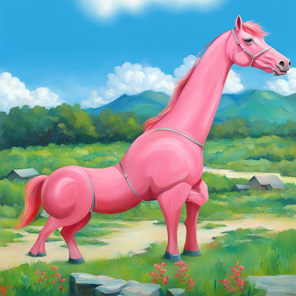 Big pink plastic toy horse.19th painting