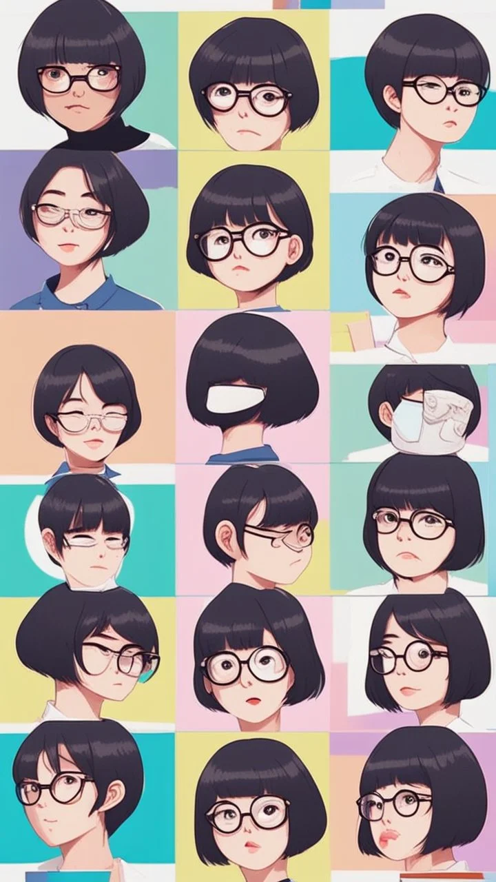 a close up of a person wearing glasses, kpop amino, flat icon, girl wearing round glasses, short black hair with bangs, dora the explorer as real girl, style of hajime isayama, profile picture 1024px, small round face, short bob hair, twitter pfp, photo of the girl, !!wearing modern glasses!!, || very anime