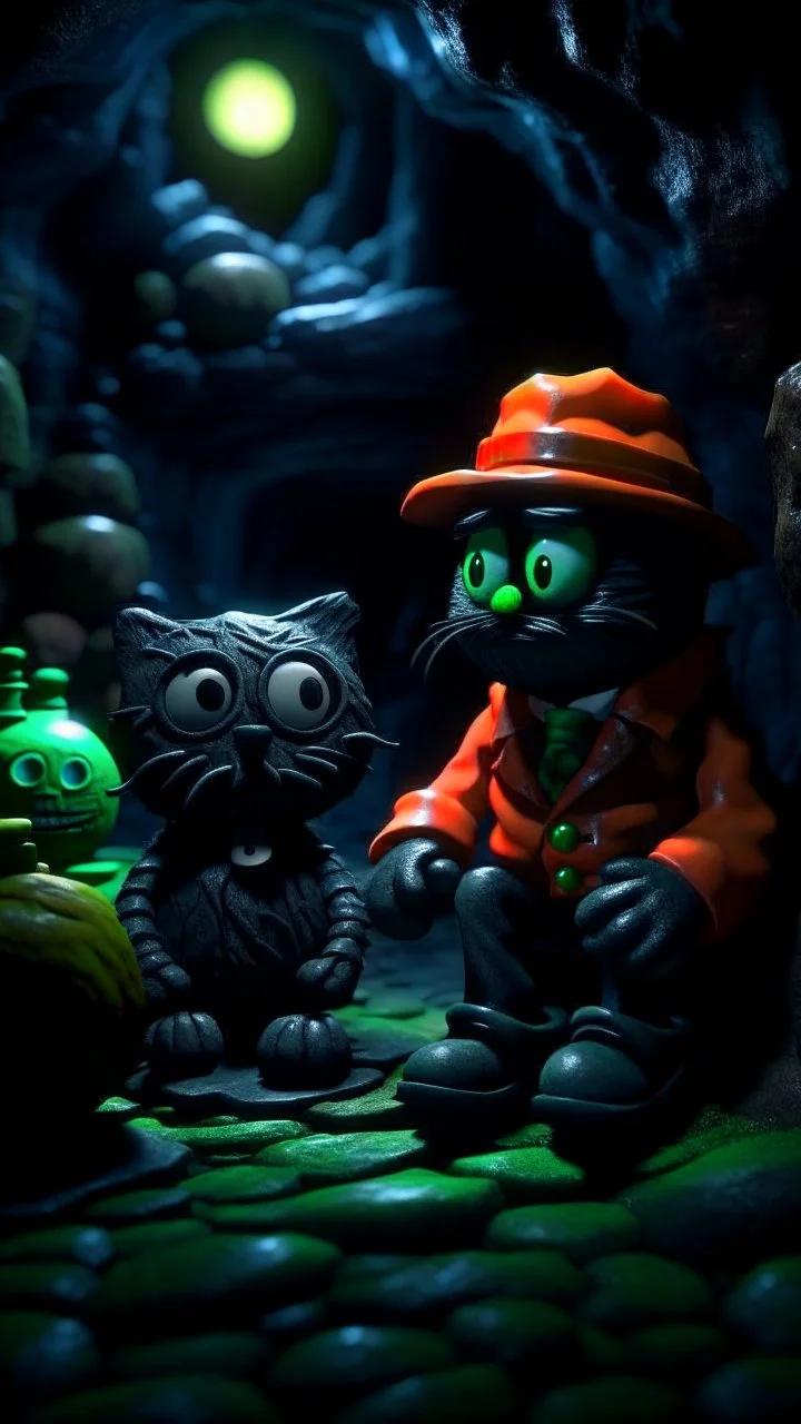 Halloween portrait of Cthulhu postman pat and his gummybear cat, full moon, in dark cave, down-light, shot on Hasselblad h6d-400c, zeiss prime lens, bokeh like f/0.8, tilt-shift lens 8k, high detail, smooth render, down-light, unreal engine, prize winning