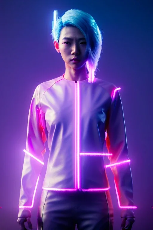 Medium shot body portrait, Asian cyborg woman :: symmetry photography, cyberpunk, pink hair, makeup, long line eye, light iris, :: latex coat, wires and circuits, pink, white, black :: cinematic, Ultra realistic, dark scene, soft color, highly detailed, unreal engine 5, RTX, ultra detail, 3d, finely drawn, high definition.