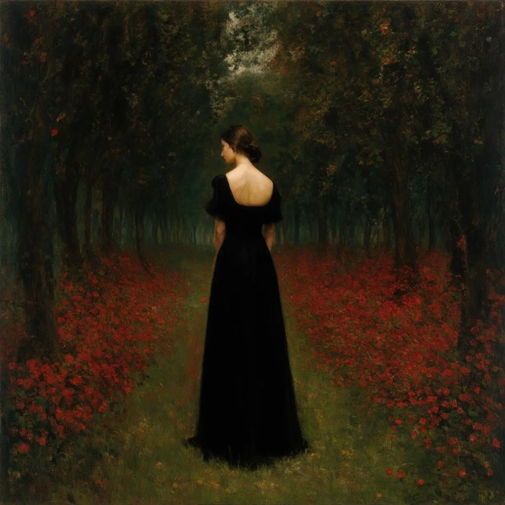 Night, one woman in black dress from behind at left, forest, red flowers, vegetations, creepy, gloomy, gothic dark influence, gustave caillebotte paintings, and konstantin korovin paintings
