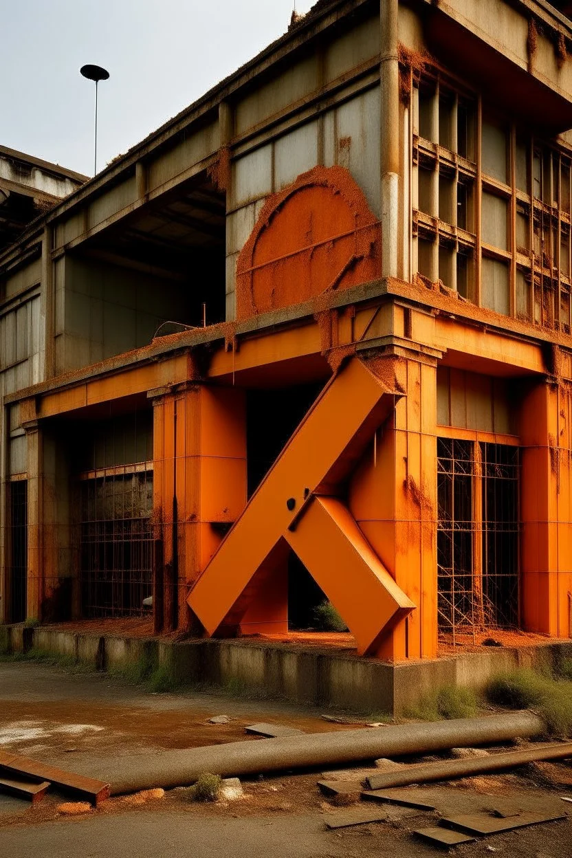 An orange colored destroyed factory with letter Xs painted by Piet Mondrian