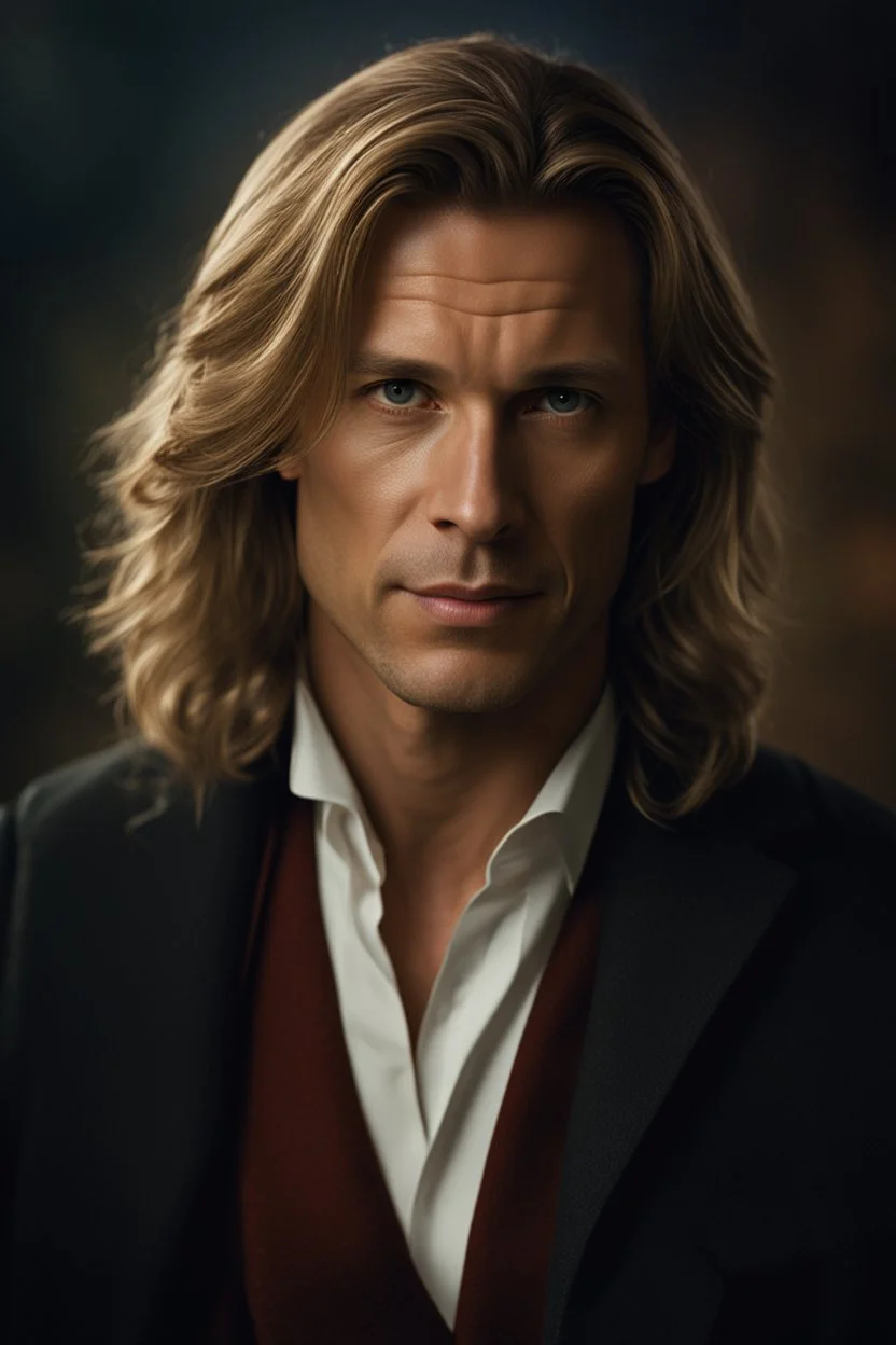 Portrait of a 40 year old handsome male norwegian doctor with shoulder length hair, photorealistic, fantasy