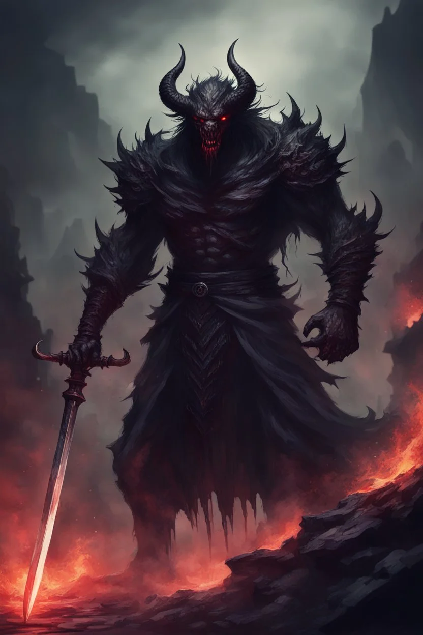 dark dreadful swordsman humanoid demon monster beast, hell in background