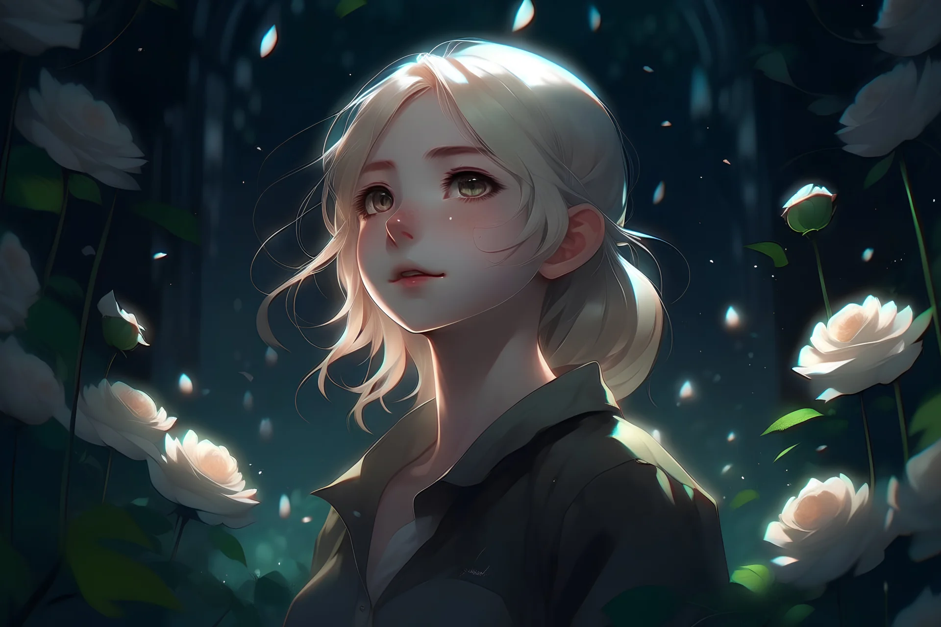 face focus, masterpiece, best quality, 1girl, white roses, petals, night background, fireflies, light particle, solo, blonde hair, green eyes, standing, pixiv, depth of field, cinematic composition, best lighting, looking up