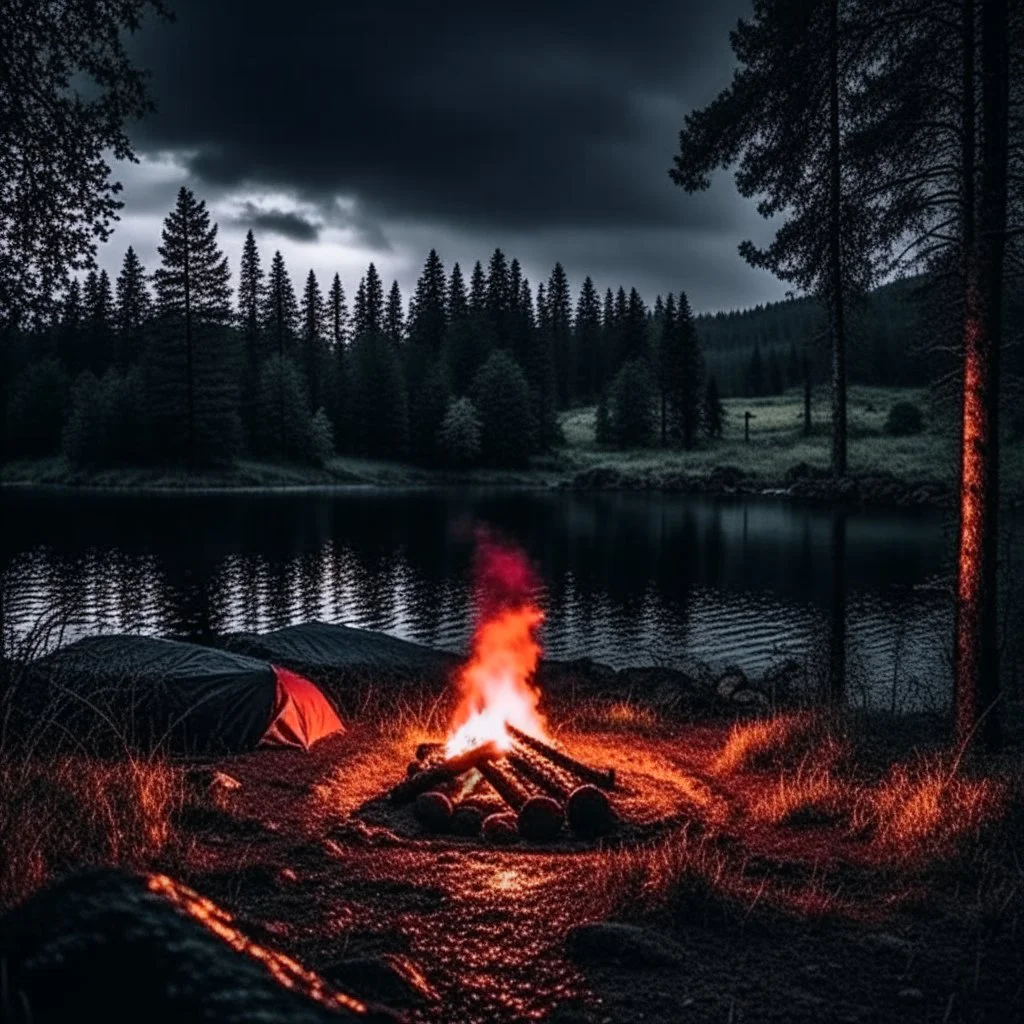 Dark rainy night with campfire and nature in Scandinavia