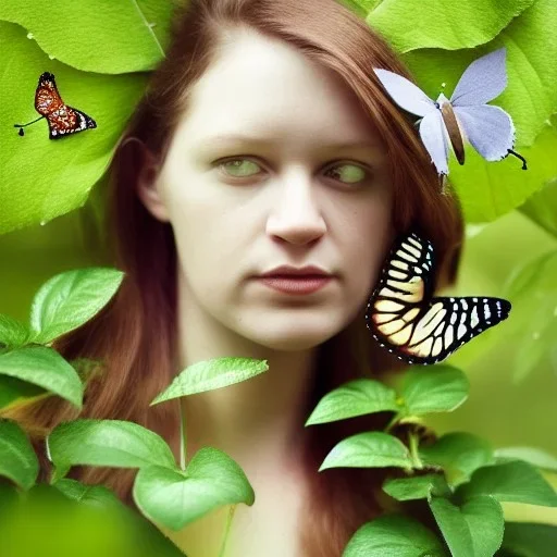 Generates high quality portraits of women covered in various plants, surrounded by forest and butterflies.