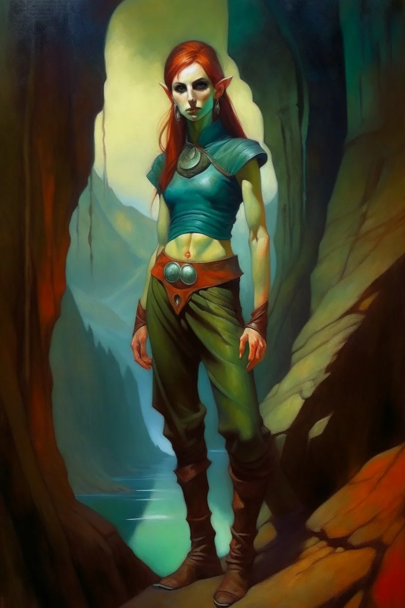 1970's dark fantasy cover dnd style oil painting of a woman gipsy elf with sport outfits with minimalist far perspective. Magazine.