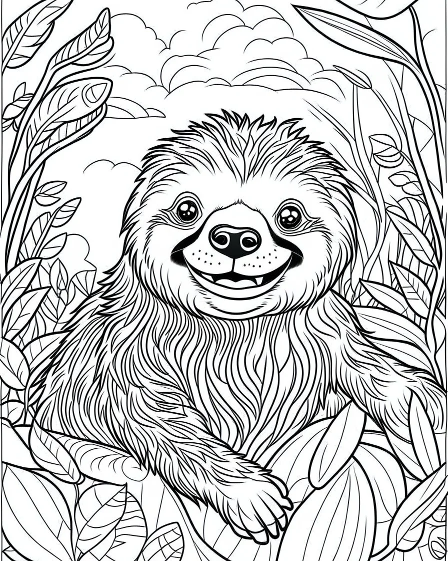 create a 2d black outline, "safari smiling cartoon sloth coloring book for kids", coloring page, low details design, black contour, coloring page design, simple background, colorful , card style, coloring page for kids, white background, sketch style, safari landscape, cartoon style