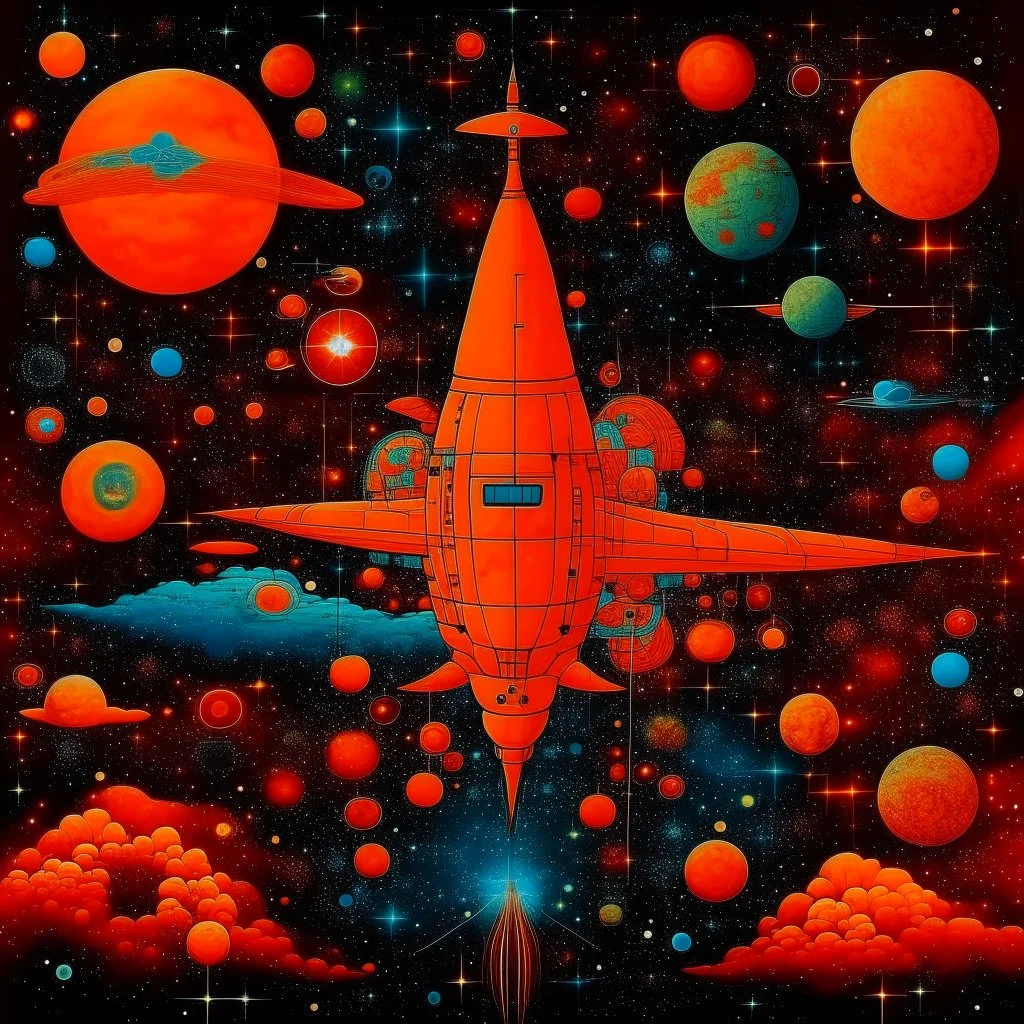 An orange colored galaxy with stars and planets designed in Hawaiian tiki statues painted by Wassily Kandinsky