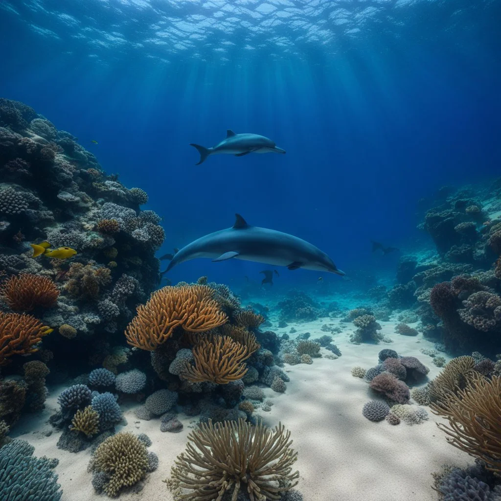 Underwater world in the Red Sea in Egypt, with dolphins and different types and colors of fish, realistic, detailed / HD quality --v 6.0, Canon EOS R5, edge lighting, cinematic lighting, translucency, extrusion and gradient value change, specular darkening and contrast, strong occlusion of the surrounding overlay, depth parallax, photorealistic, 4K , 3D