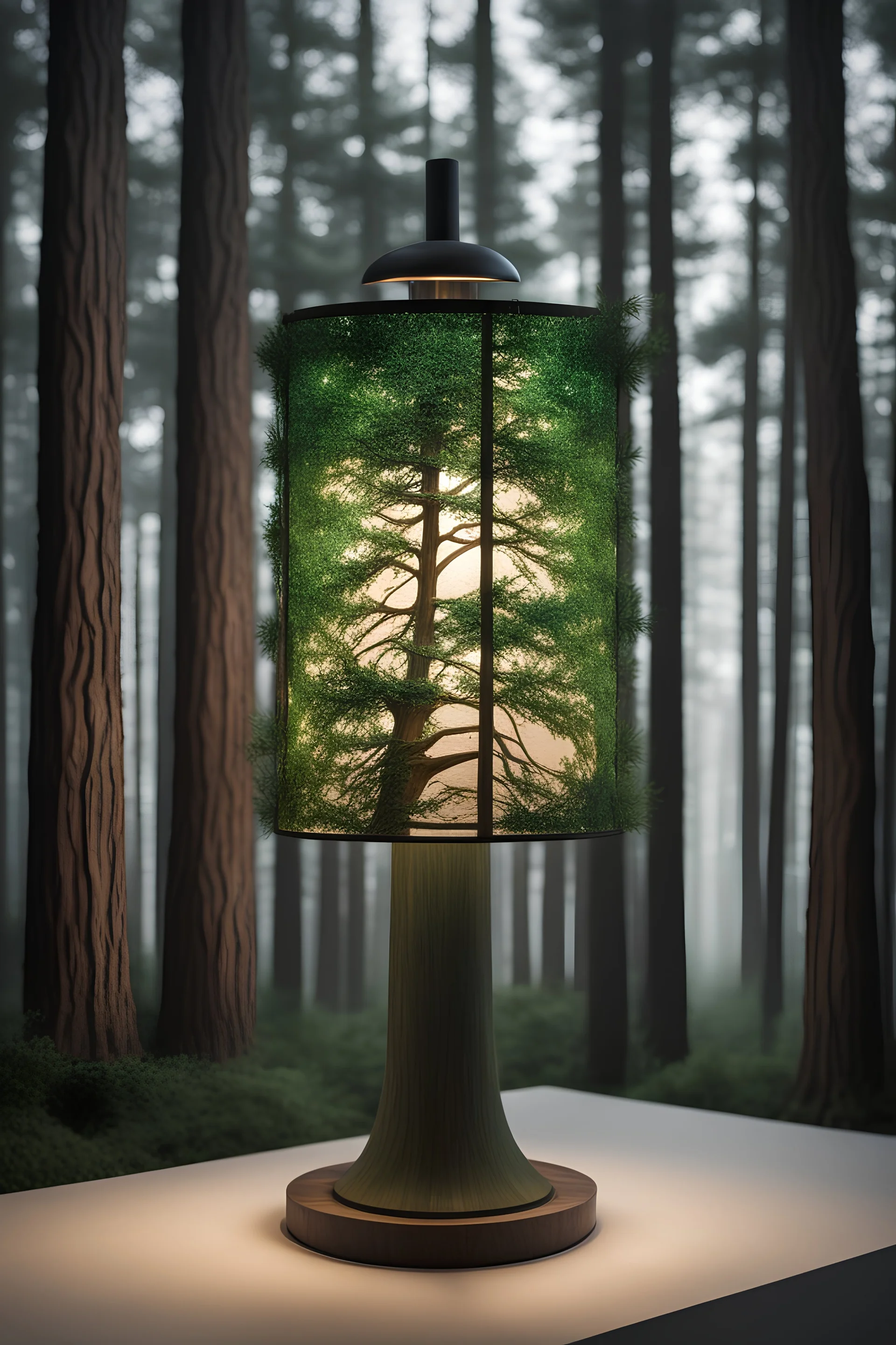 Uma lâmpada e dentro dessa lâmpada, há árvores pinus, cada uma representada de forma detalhada, com tons verdes profundos e texturas naturais. A luz da lâmpada ilumina as árvores pinus, destacando suas folhas e troncos em contraste. A cena transmite a ideia de que a criatividade é uma fonte natural e renovável de inspiração.