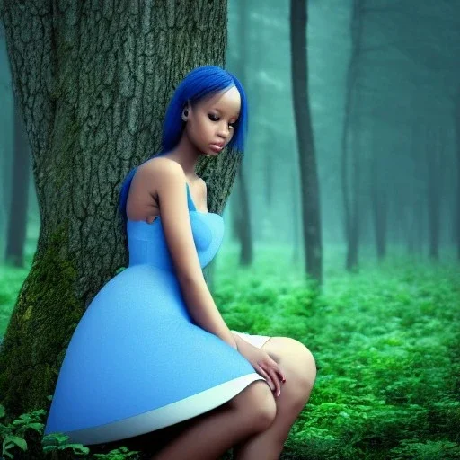 sourceress dark girl, beautiful, cute, seated in a giant mushroom forest, with mist, blue intricate short dress, high definition, cinematic, rendering