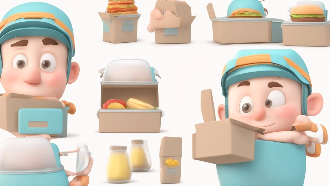 3d illustration of portrait handsome driver man wearing helmet and food box. half body. pixar. cute style