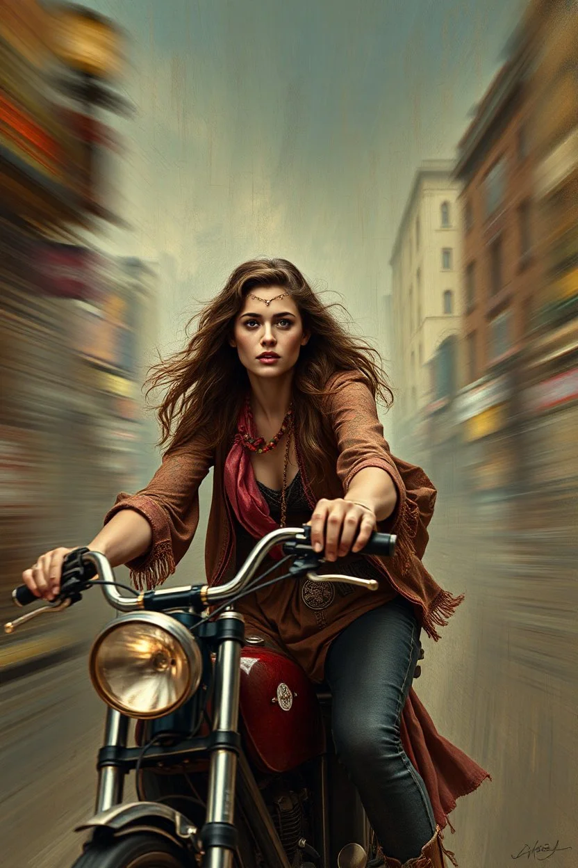 young Jennifer Connelly as gypsy biker with motion blur painted by Titian and Escher as movie poster