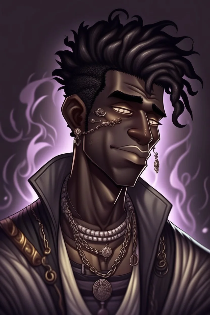 Male Air genasi fra d&d with black skin smoke some hair an Asian skin ghostly appearance with a Smokey undertone mork