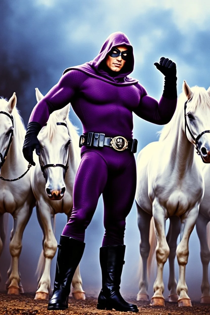 Movie Poster - ((("THE PHANTOM"))), extremely thick, muscular, 6'6'' 18-year-old Billy Zane with extremely exaggerated muscles as the Phantom, long-sleeved, textured, padded purple cotton bodysuit with skintight, formfitting textured purple cotton cowl with ((black eye mask)) and widow peak, black gloves and wrist gauntlets, black boots, double holstered utility belt, skull-shaped belt buckle, glowing, white eyes, standing next to his white horses, captured in a breath-taking explosion of color,