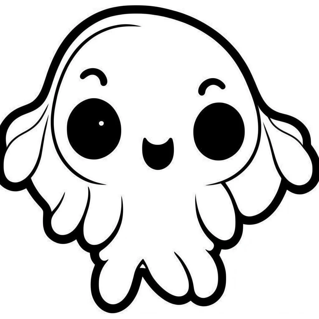 create a 2d black outline, "cute kawaii ghost coloring book for kids", coloring page, low details design, black contour, coloring page design, simple background, colorful , card style, coloring page for kids, white background, sketch style,