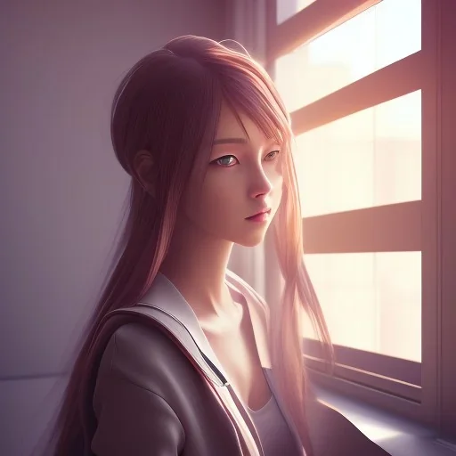 Anime, female student studying by the window,perfect face, cool face, ultra detail, unreal engine 5, cinema4d, sun light, studio lighting --ar 1:1 --v 4