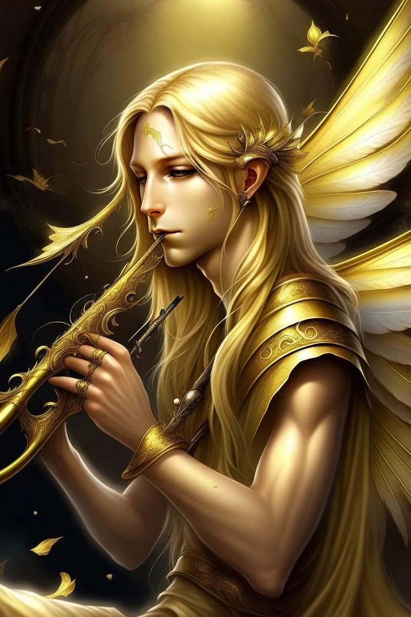 fee, männlich, libellen flügeln, hellblondes, langes Haar, Flöte spielend, lange spitze Ohren, goldene, auffällige Augen, realistisch