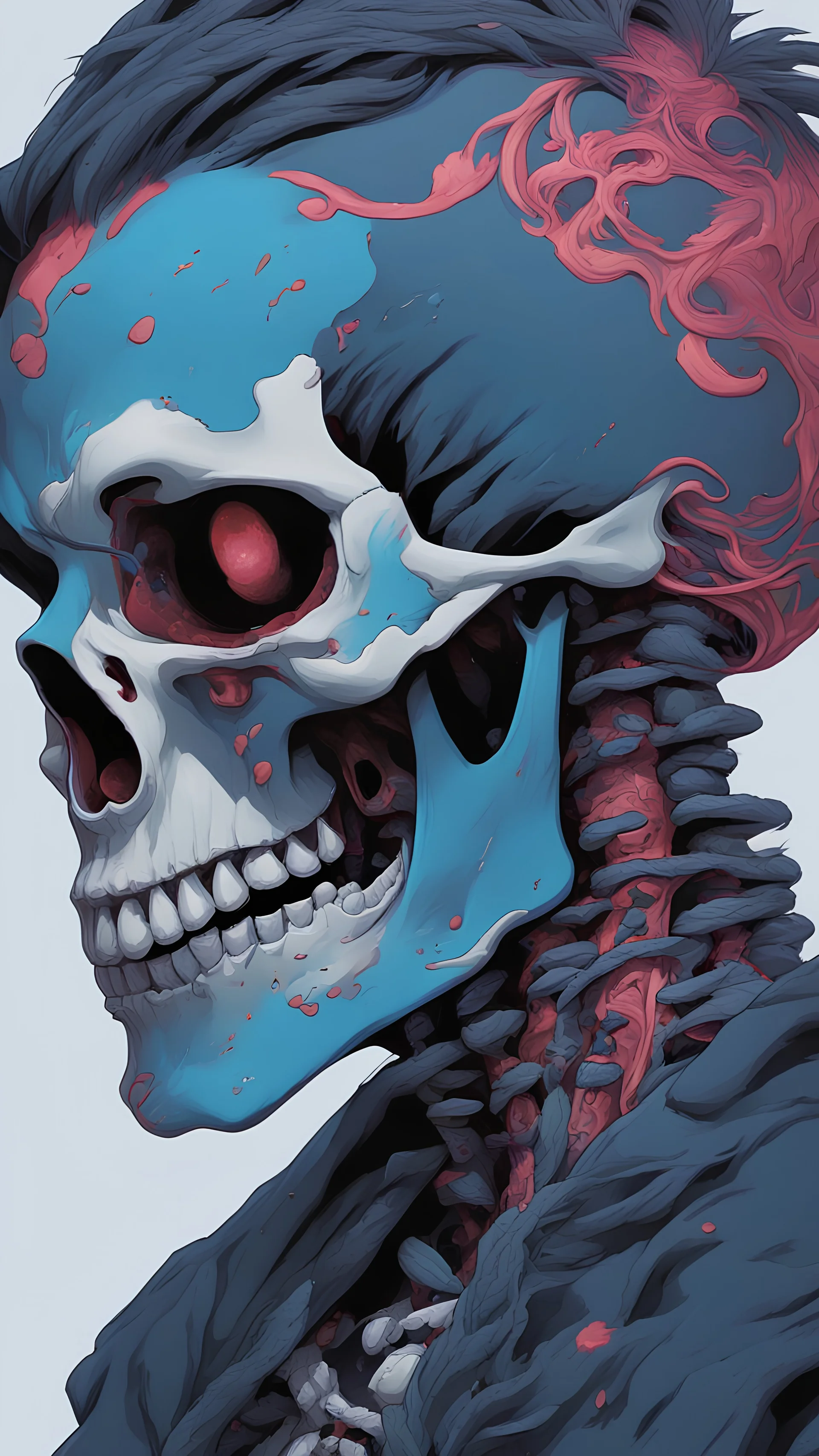 a close up of a person with a skull on their head, blue and black colors, anime skull portrait man, scary detailed art in color, hiroyuki-mitsume takahashi, nychos art aesthetic, half man half skeleton, anime cyberpunk art, colored manga art, rossdraws pastel vibrant, hot colors. insanely detailed, beautiful anime portrait, stunning anime face portrait, scary art in color