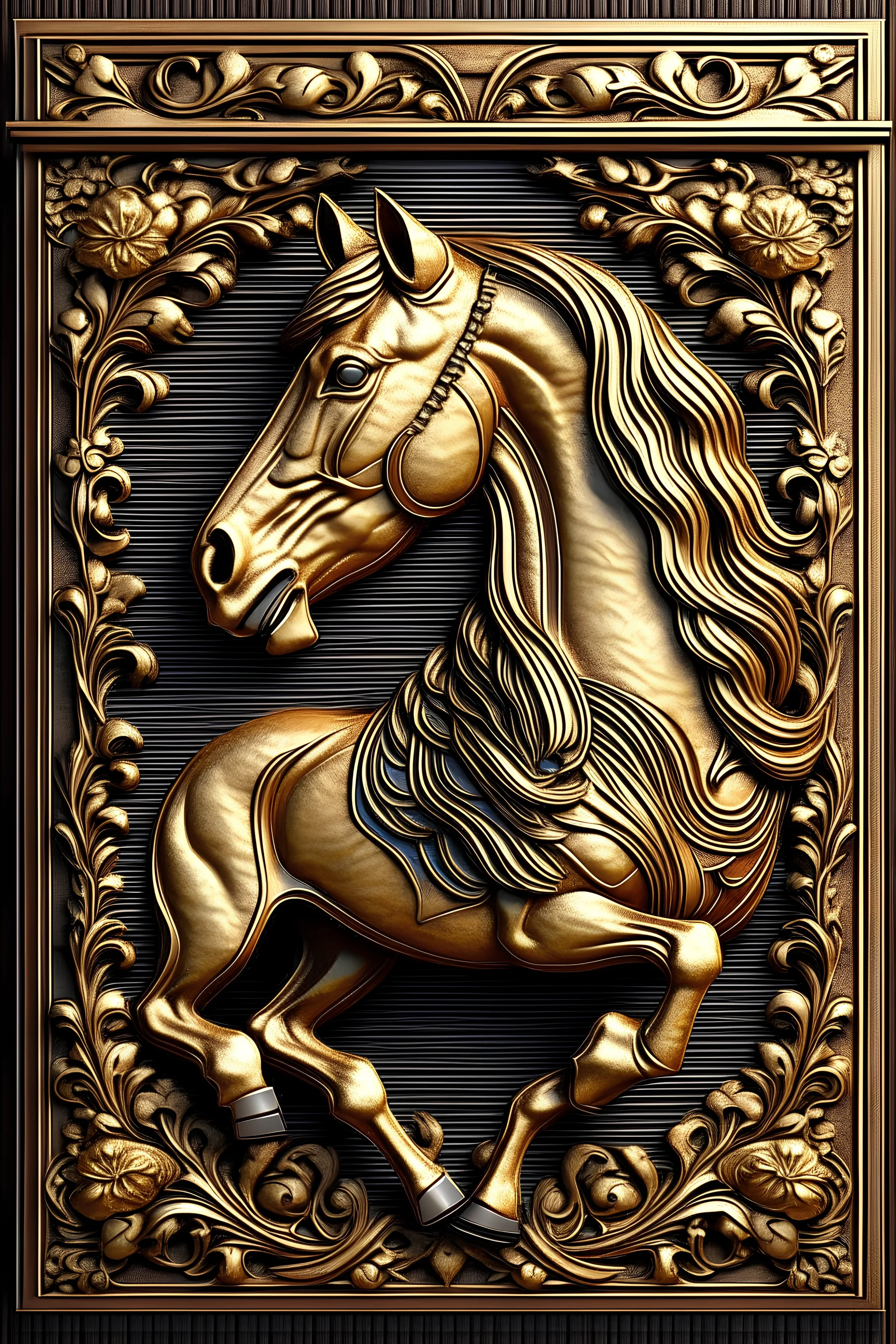 Stiker Label Printe big Storok,Detailed and intricate wooden carving HORSE wall decor featuring a golden metal frame. The carving showcases stunning craftsmanship and intricate design, adding elegance to any space. The golden metal frame adds a touch of luxury and sophistication. This artwork is a perfect blend of traditional woodworking techniques and modern aesthetics. High-resolution digital painting inspired by the works of master craftsmen. By incorporating elements of nature and geometric