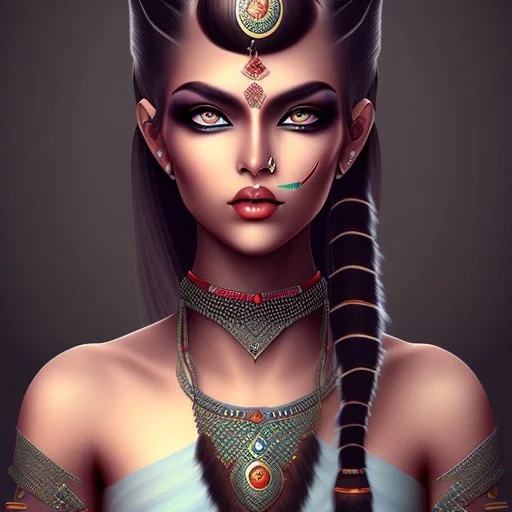 fantasy setting, indian woman half-hawk haircut, black hair