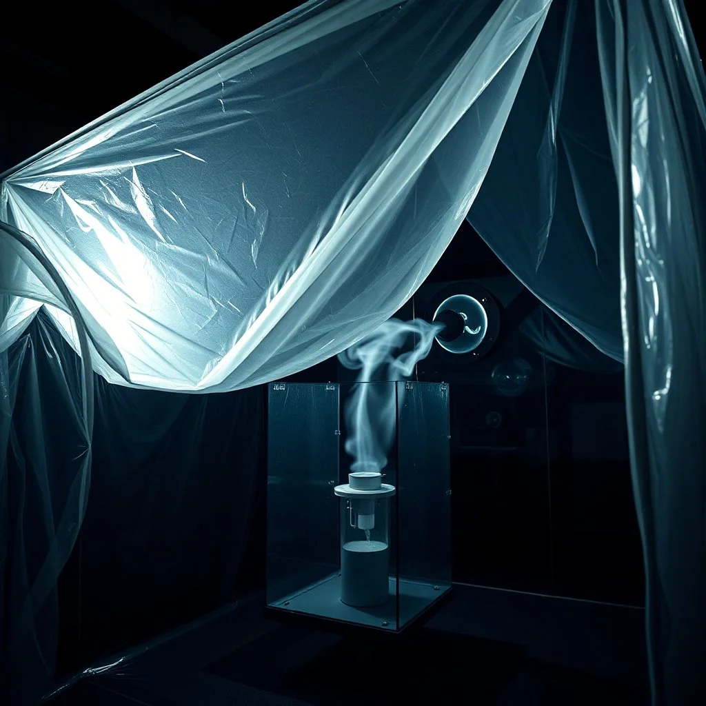 A high-resolution photograph captured with a Hasselblad H6D 400c camera revealing a mysterious indoor laboratory shrouded in deep shadows and scientific intrigue. A translucent plastic tarpaulin drapes gracefully over an angular plexiglass structure, creating ethereal folds and prismatic reflections that catch fragments of dim light, while inside the enclosure a peculiar device releases delicate wisps of vapor that spiral and curl against the transparent walls like ghostly tendrils.