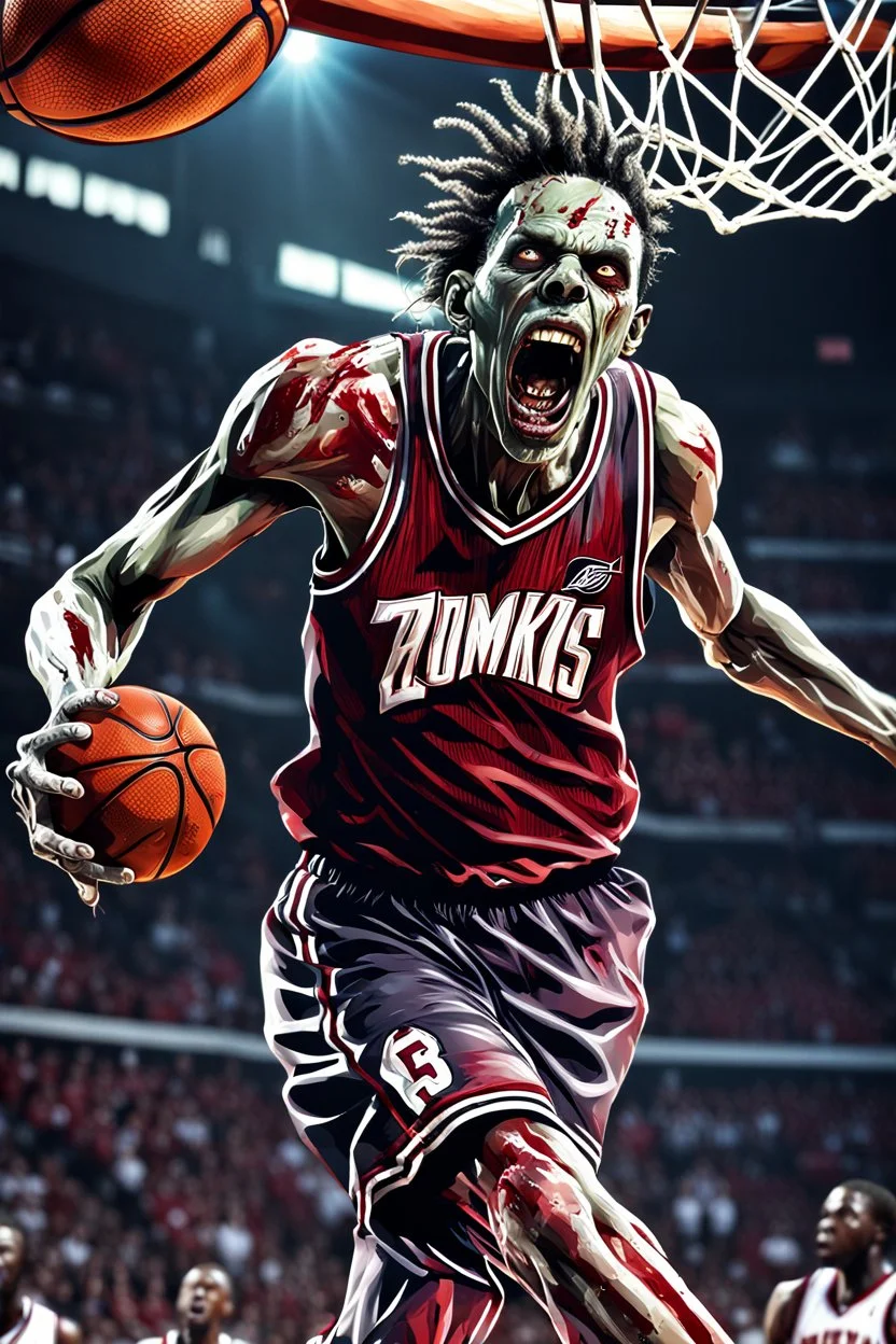 13k, highly realistic and detailed image of a zombie as a NBA basketball player in action dunking the ball in the net, sweaty hair, screaming look,action and explosive background