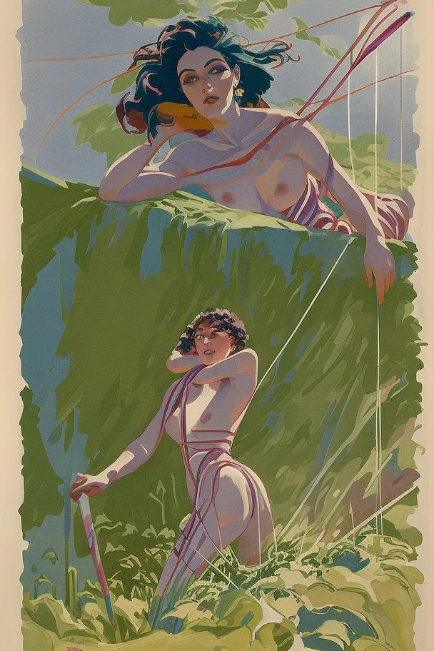 [kupka's style, straws, flows, colors, woman, soldier, full-length sleeping dead] C’est un trou de verdure où chante une rivière Un soldat jeune, bouche ouverte, la nuque baignant dans le frais cresson bleu, Pâle dans son lit vert où la lumière pleut. Les pieds dans les glaïeuls, il dort. Les parfums ne font pas frissonner sa narine ; Il dort dans le soleil, la main sur sa poitrine Tranquille. Il a deux trous rouges au côté droit.